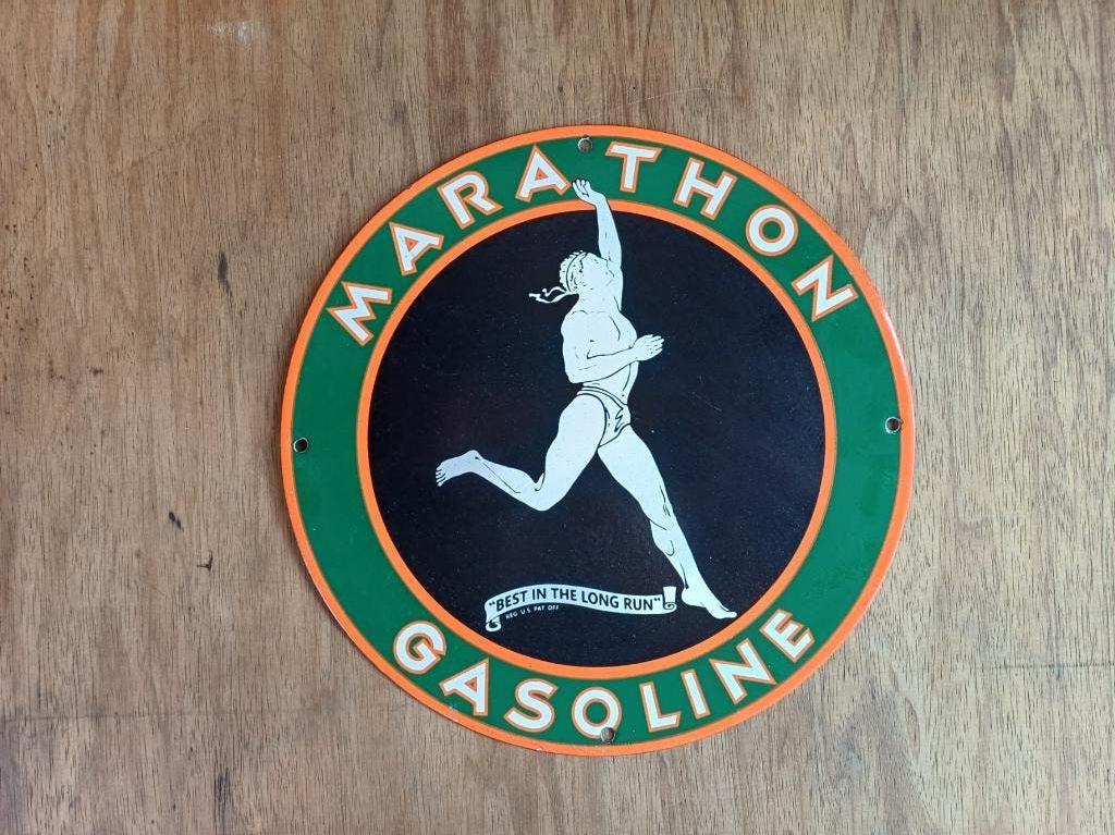 Emaille reclame MARATHON Gasoline reclamebord, Ophalen of Verzenden, Gebruikt, Reclamebord