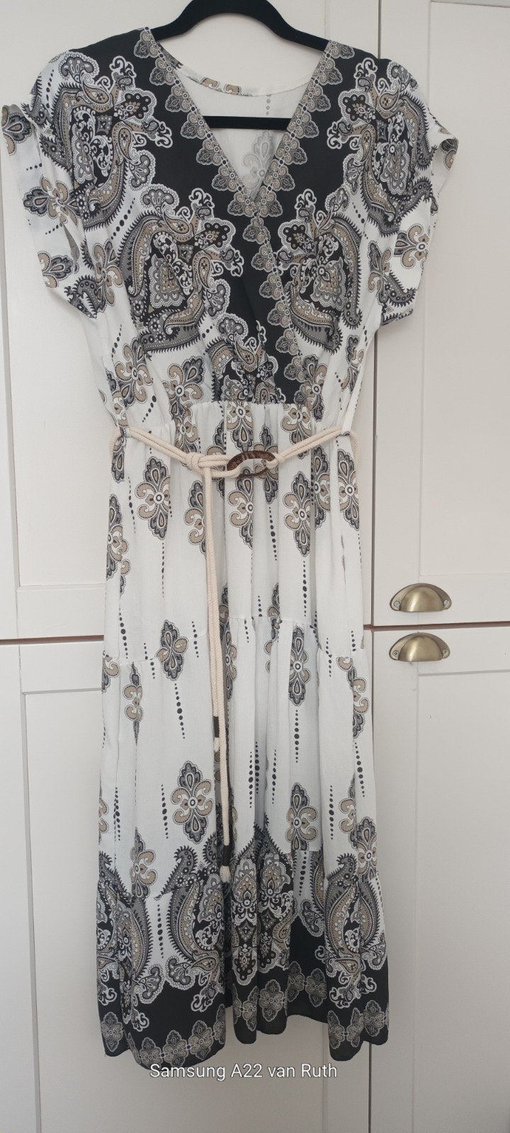 Midi jurk viscose Folklore print bruin/ecru maat M, Maat 38/40 (M), Bruin, Ophalen of Verzenden, Zo goed als nieuw