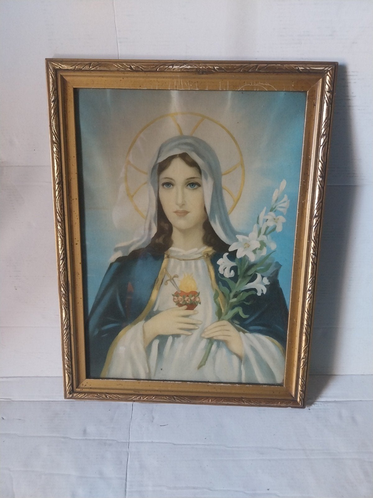 Vintage Maria met Heilig Hart en lelies ingelijst, Ophalen of Verzenden