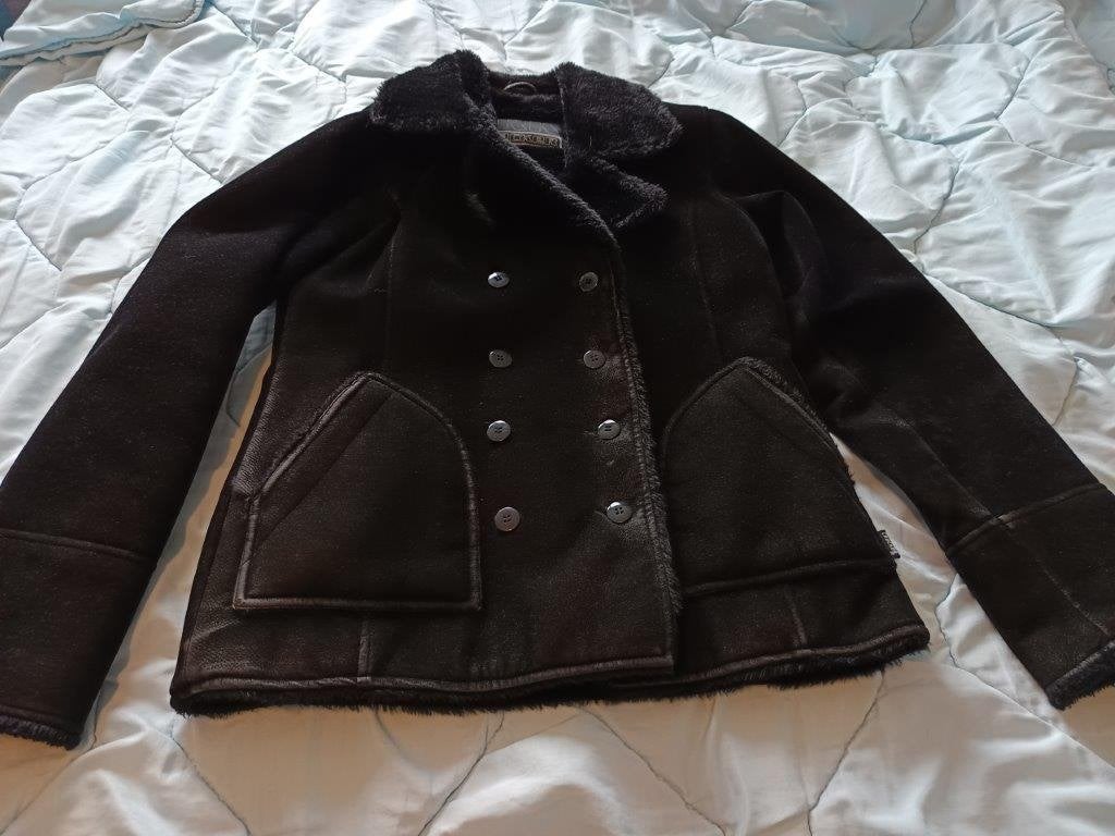 Suede achtige met bont kraag gevoerde warme jas dames maat M, Maat 38/40 (M), CRK Cracker, Zwart, Ophalen of Verzenden