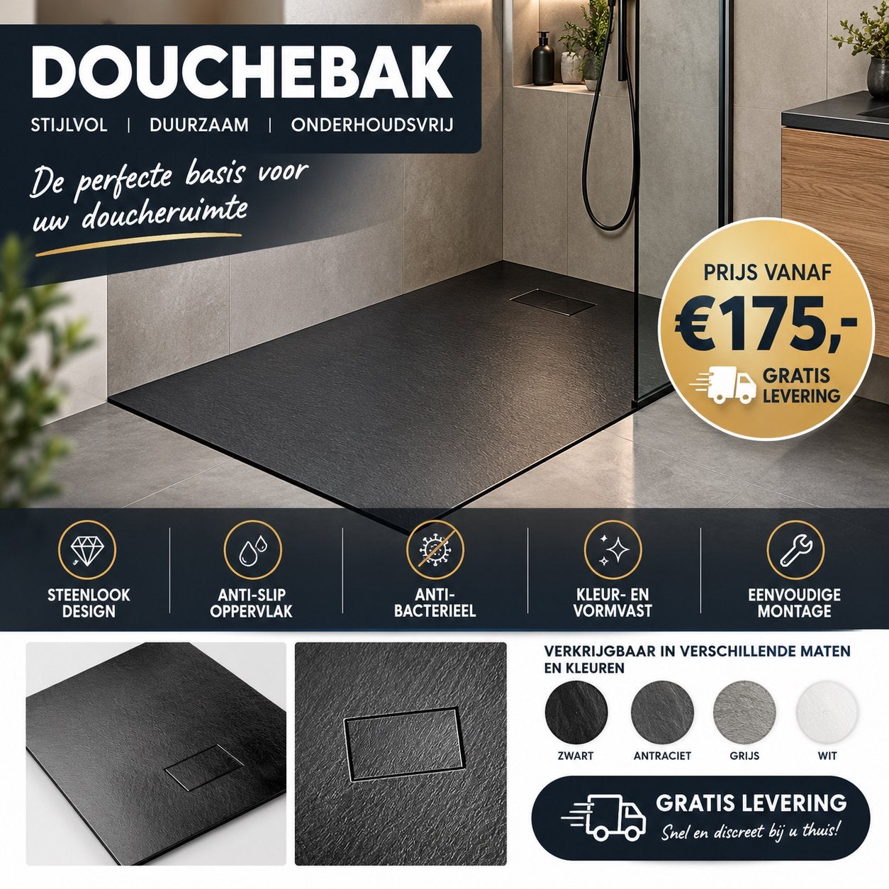 Zwarte douchebak steenlook – vanaf €175 gratis levering, Boeken, Ophalen of Verzenden, Zo goed als nieuw, Overige onderwerpen