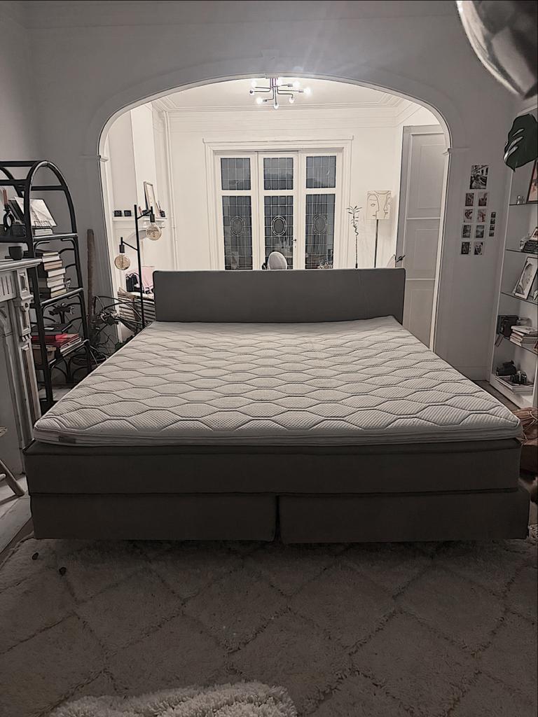 Auping Boxspring Dublin 200x220 met topper, Ophalen, Gebruikt, Bruin, Tweepersoons