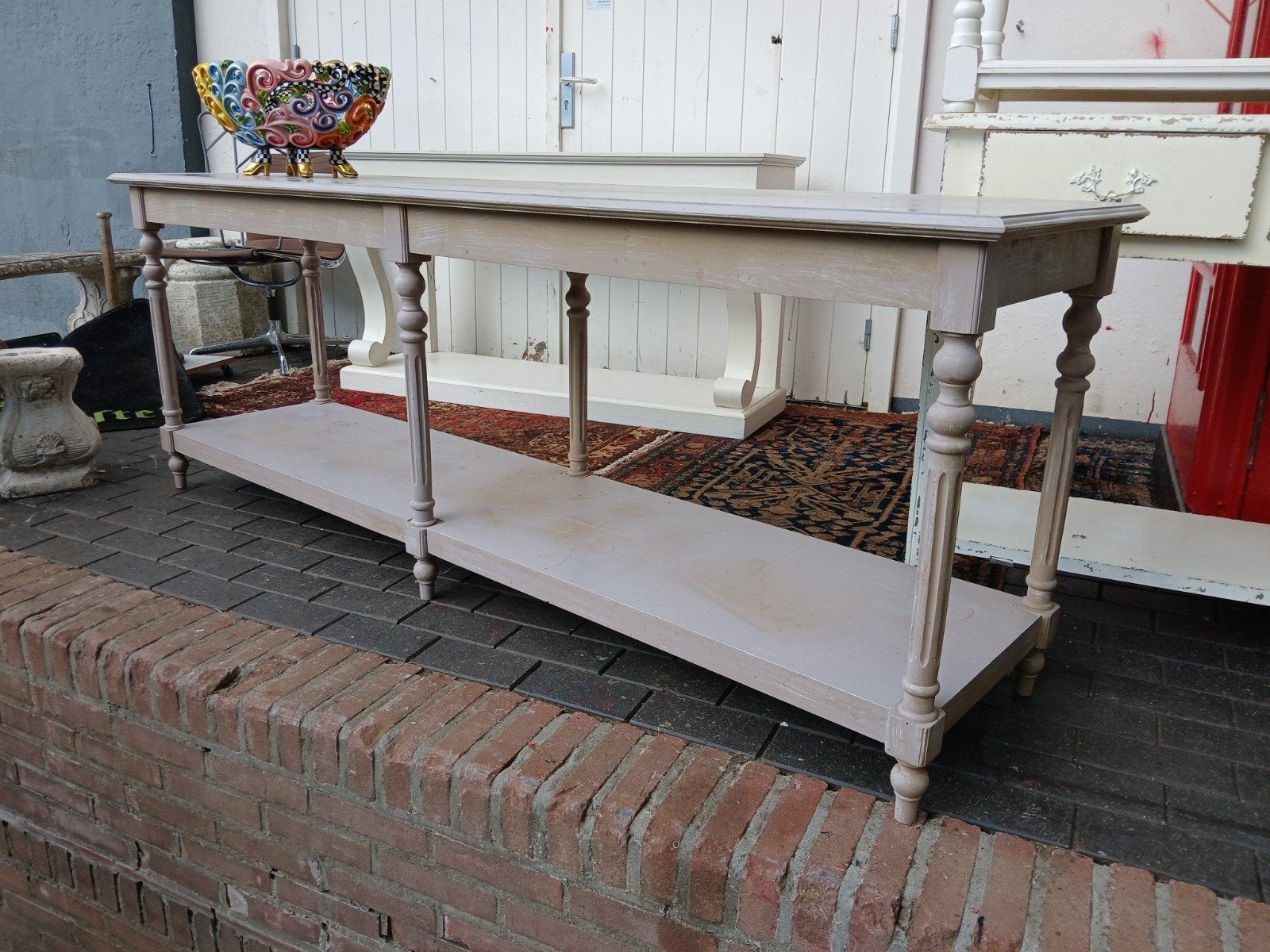 Lange vintage console tafel sidetable in brocante stijl, Ophalen, Gebruikt, Onbekend, 200 cm of meer