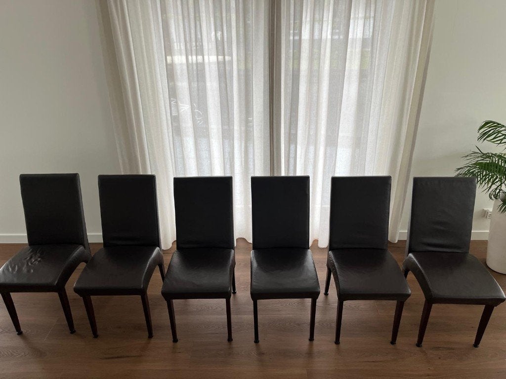 Set van 6 bruine leren eetkamerstoelen met houten poten, Ophalen, Gebruikt, Bruin, Hout