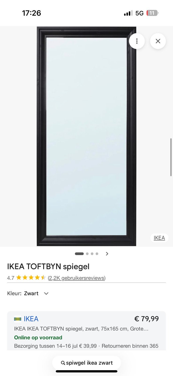 IKEA TOFTBYN Spiegel, zwart, 75x165, Ophalen, Minder dan 50 cm, Zo goed als nieuw, Minder dan 100 cm