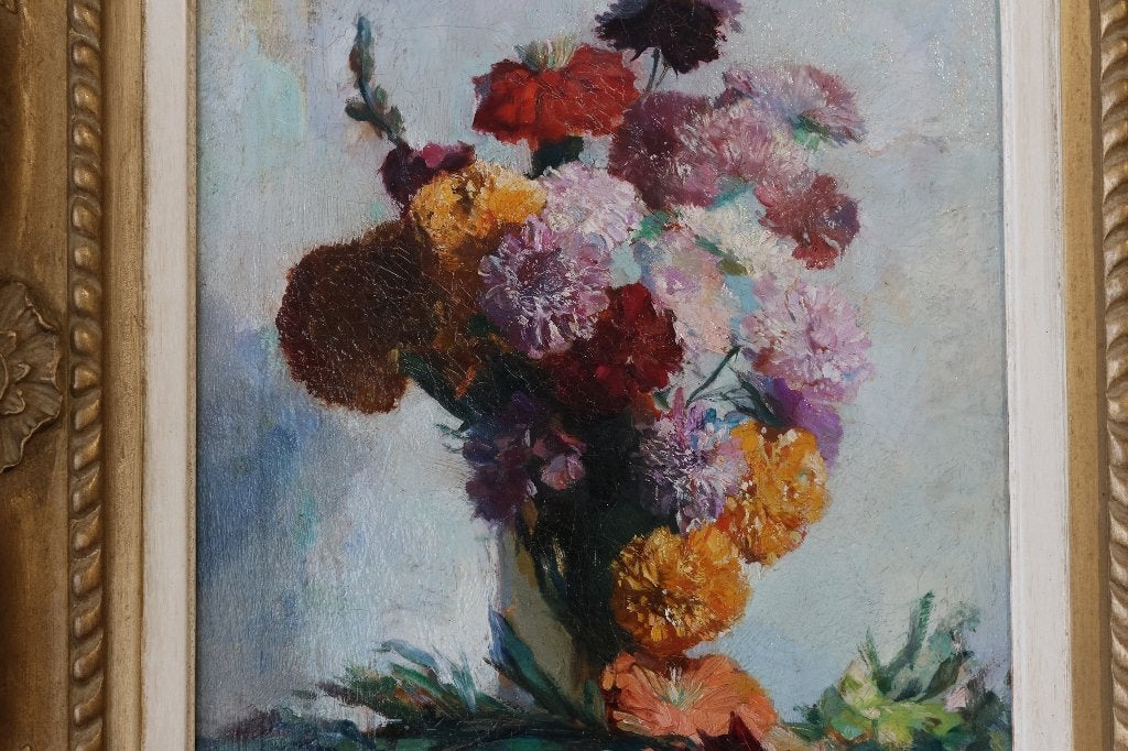 Willem Korteling, 1889-1964 stilleven met bloemen schilderij, Bloemen, Doek, Impressionistisch, Ophalen of Verzenden