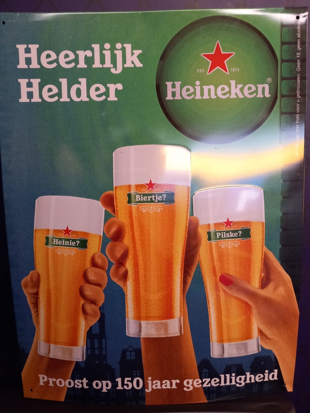 Heineken Reclamebord - Heerlijk Helder (Metaal) - Biermerken, Ophalen of Verzenden, Gebruikt, Reclamebord