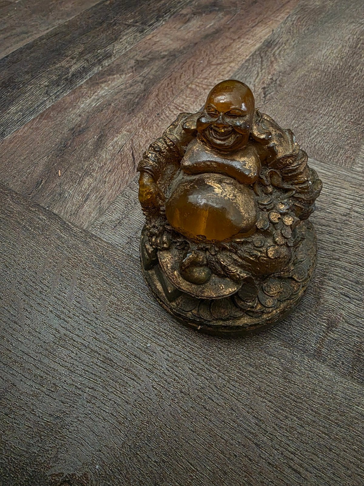 Boeddhabeeld mooi exemplaar met glazen hoofd en buik, Ophalen of Verzenden