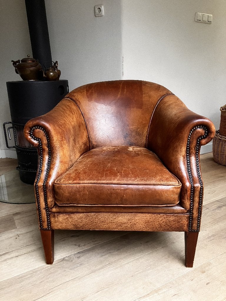 Engelse Clubfauteuil van Echt Schaapsleer – Cognackleurig, Ophalen, Gebruikt, Engelse clubfauteuil van echt schaapsleer, 75 tot 100 cm