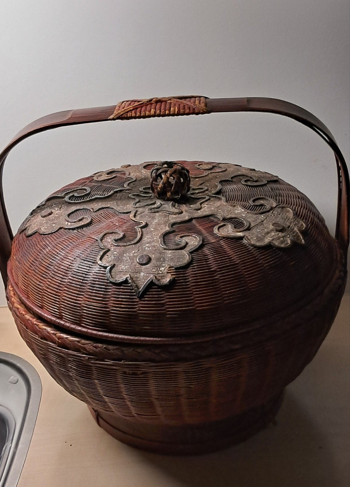 Antieke Chinese bamboe picknickmand met deksel, Ophalen of Verzenden