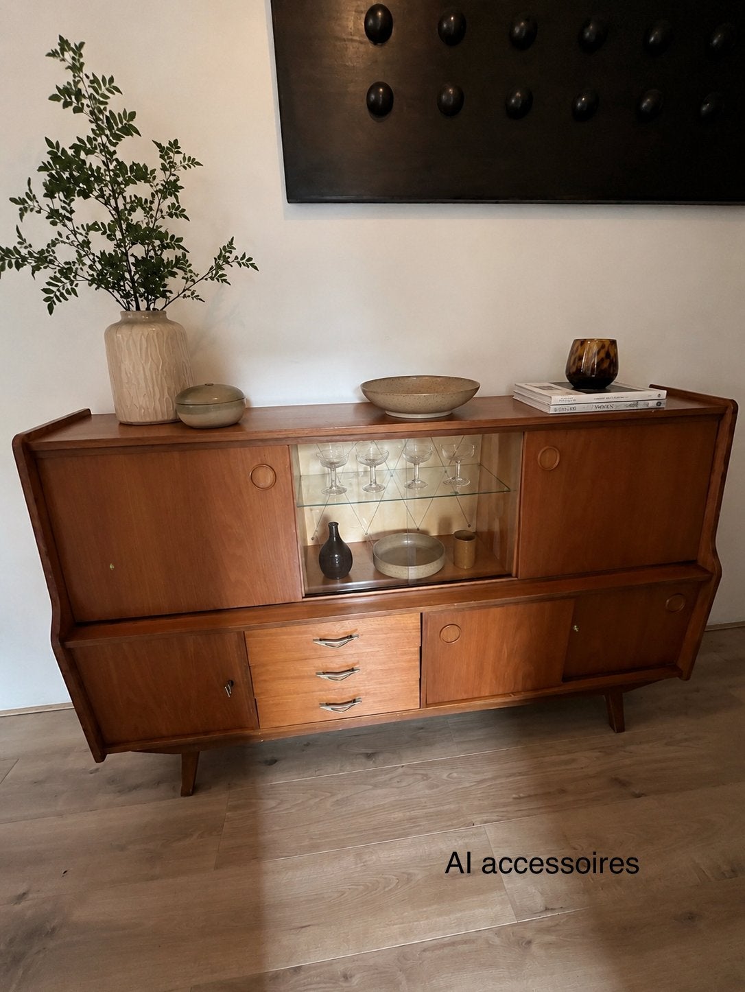 Vintage highboard mid century wandkast, teak hout en glas, Huis en Inrichting, Kasten | Dressoirs, Ophalen, Mid century, Met deur(en)