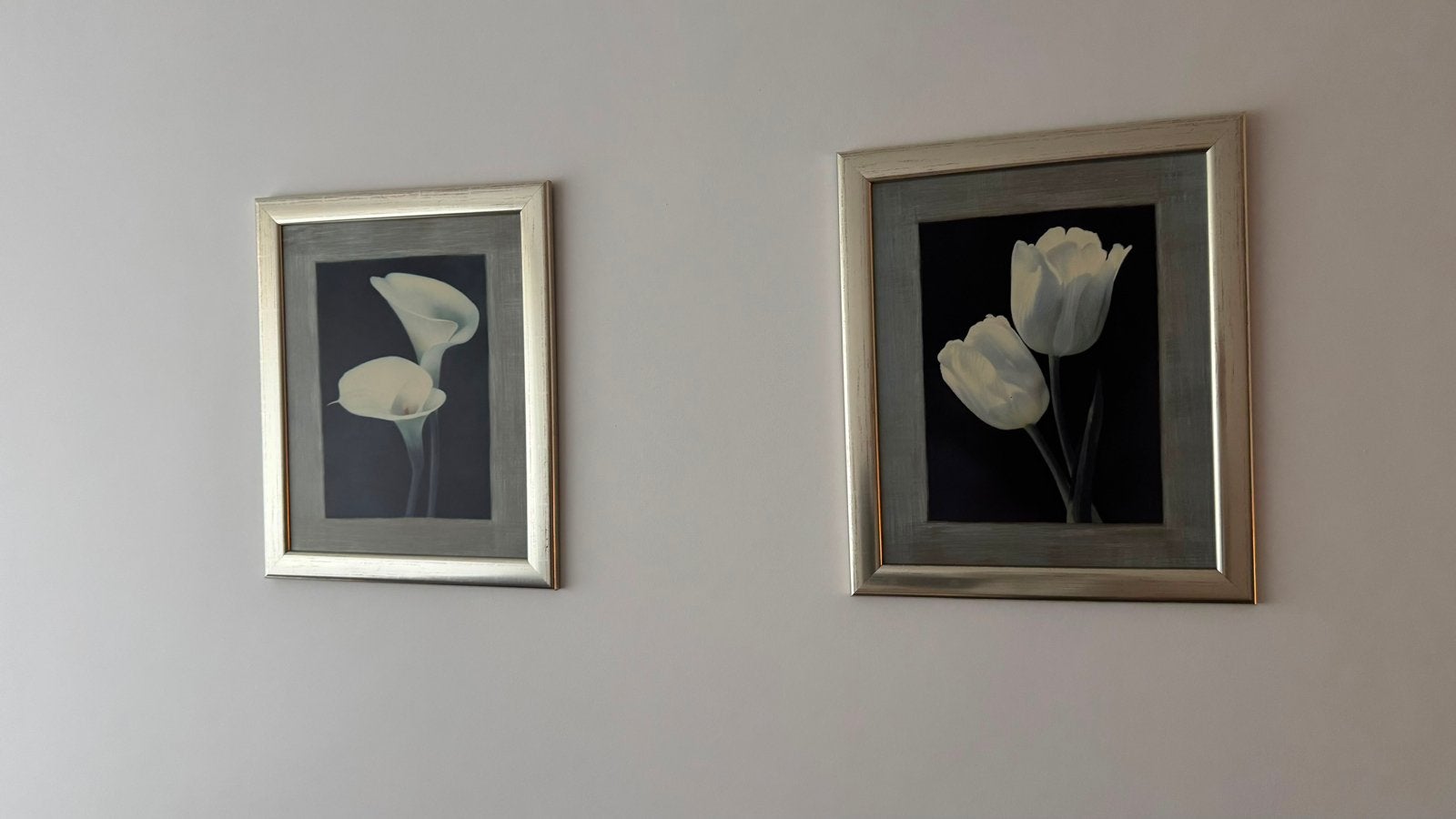Set van 2 ingelijste bloemen schilderijen – zilverkleurige l, Ophalen, Zo goed als nieuw