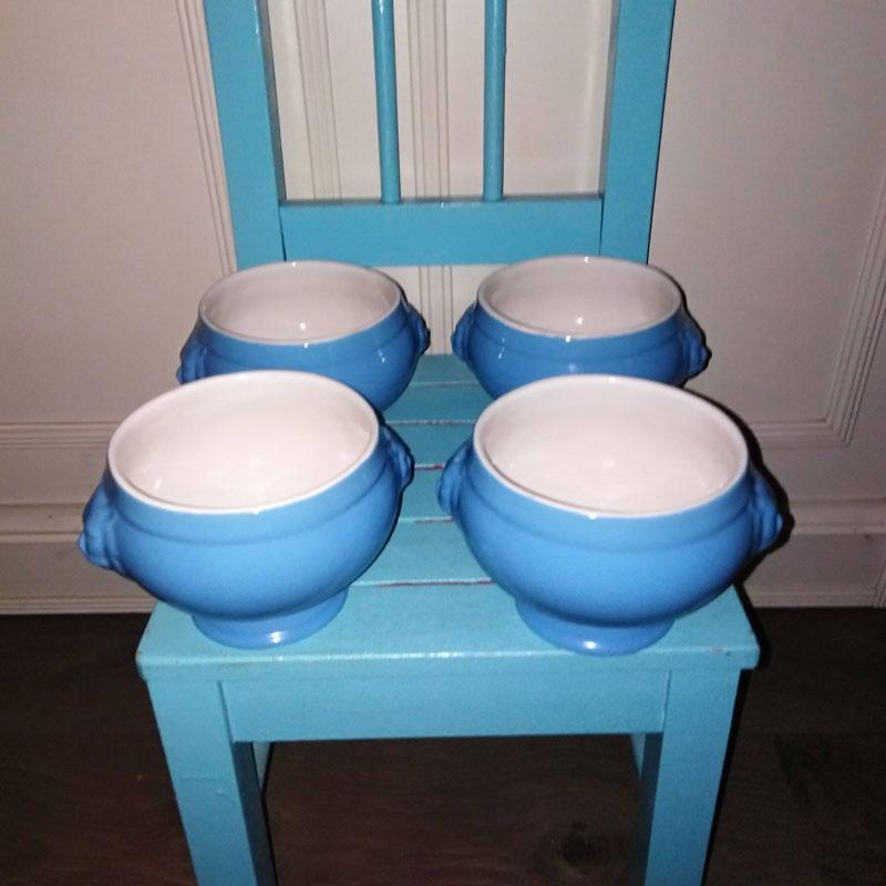 Soepkommen met leeuwenkop handvaten blauw set van 4 stuks, Ophalen, Zo goed als nieuw, Kom(men), Overige stijlen