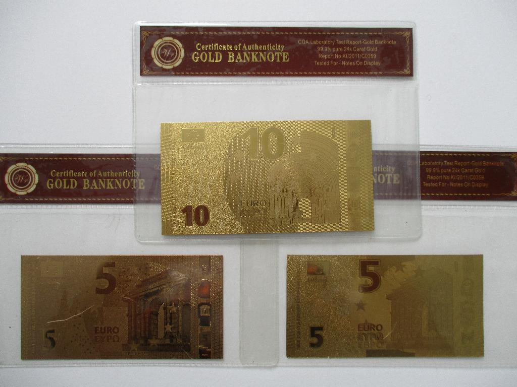 3 Eurobiljetten - fantasy goldfoil replica's, Verzenden, Overige landen, 10 euro