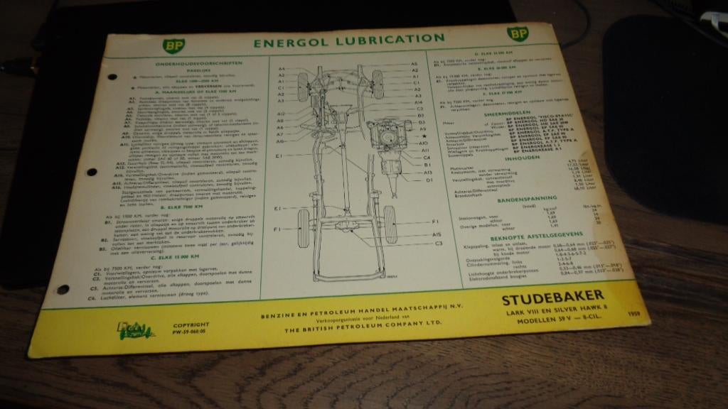 BP Smeerkaart USA model STUDEBAKER LARK en HAWK  ,  1959, Verzenden, Gelezen, Overige merken