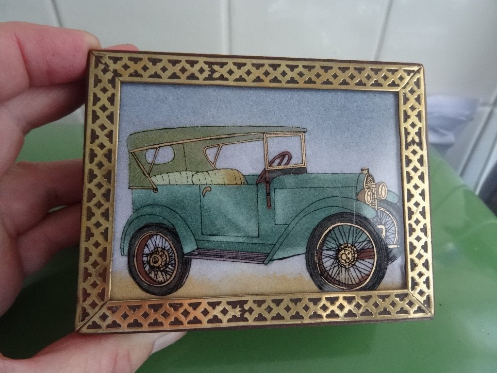Antiek oud houten opbergdoosje met afb oude Alfa Romeo, Ophalen, Zo goed als nieuw, Auto's