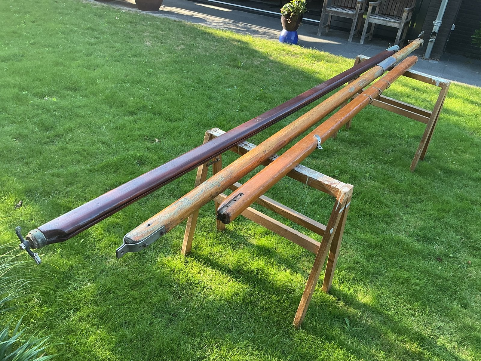 Diverse houten gieken, inclusief rolreef systeem, Ophalen, Gebruikt, 3 tot 6 meter, Toebehoren