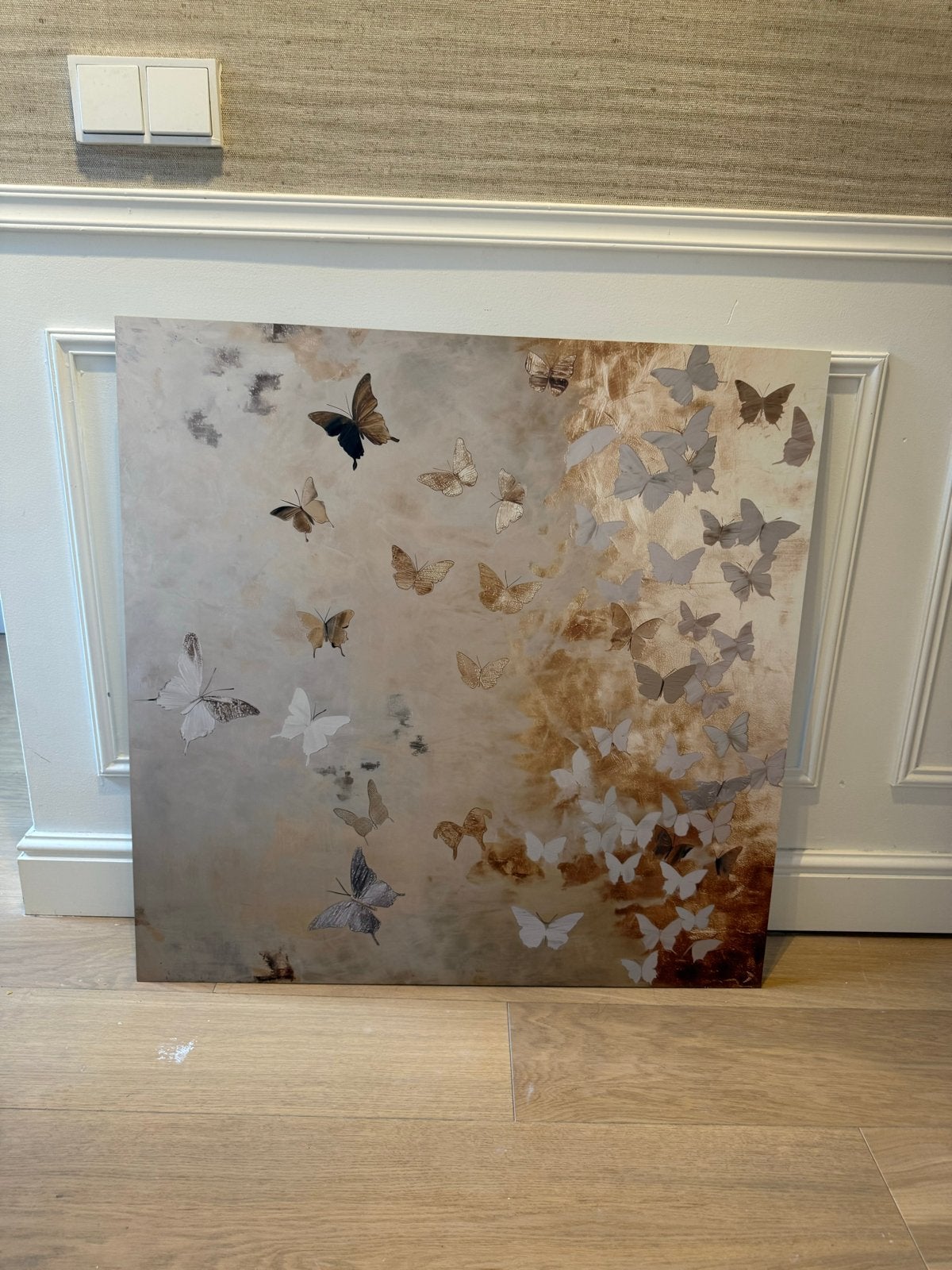 Dibond kunstwerk 80x80cm met vlinders, Ophalen, Overige typen, Zo goed als nieuw, 75 tot 100 cm