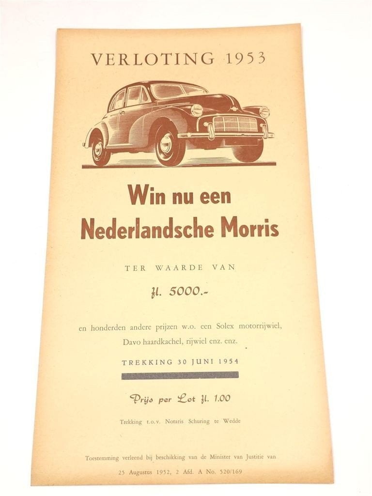 Verloting 1953 — Nederlandsche Morris Vintage Raambiljet, Verzamelen, Gebruikt, -, Verzenden, -