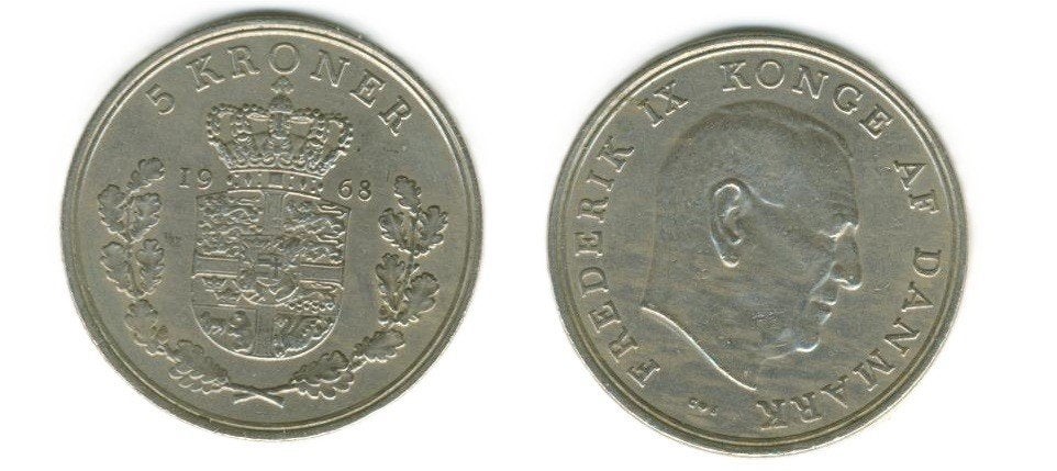 Denemarken 5 Kroner 1968 Frederik IV Munt c-303 jdu , Ophalen of Verzenden, Overige landen, Losse munt