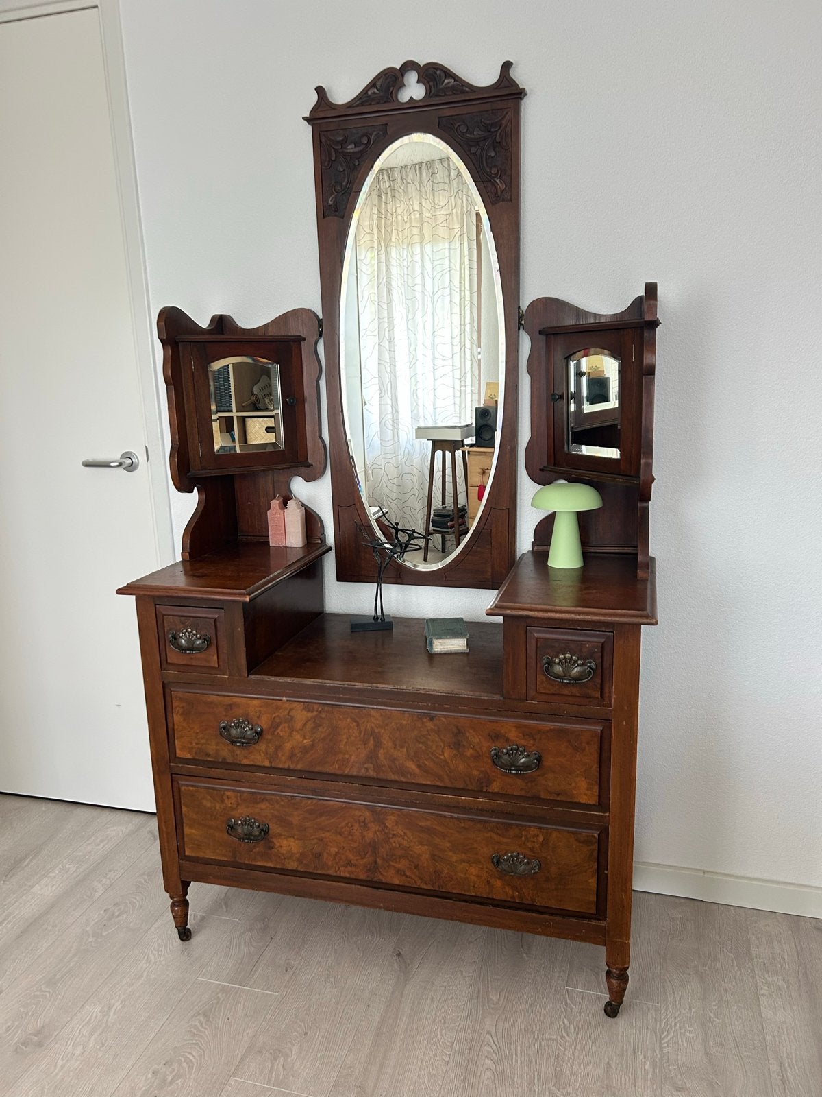 Antieke kaptafel met spiegel en lades, Antiek en Kunst, Ophalen