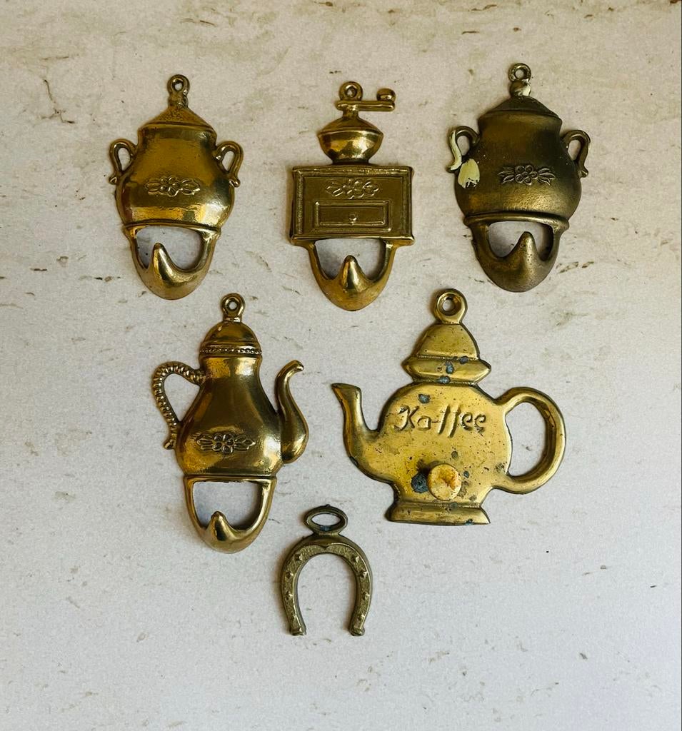 Set van 6 Vintage Messing Haken - Keuken en Koffie Thema, Ophalen of Verzenden