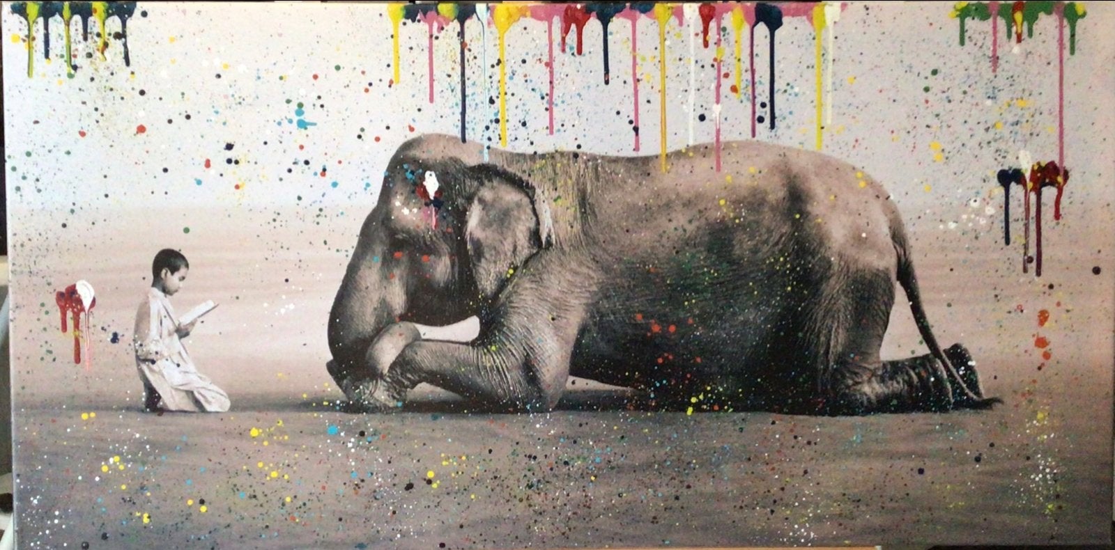 Olifant en kind- Katoenen canvasdoek- Mixed Media-70x140cm, Ophalen of Verzenden, Nieuw, Schilderij