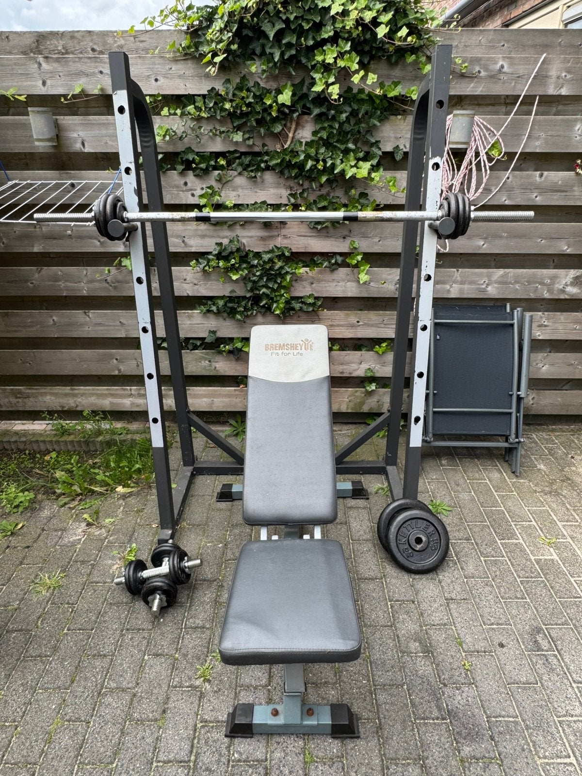 Squatrek met fitnessbank, halterset en dumbbells, Sport en Fitness, Ophalen, Gebruikt, Halterset