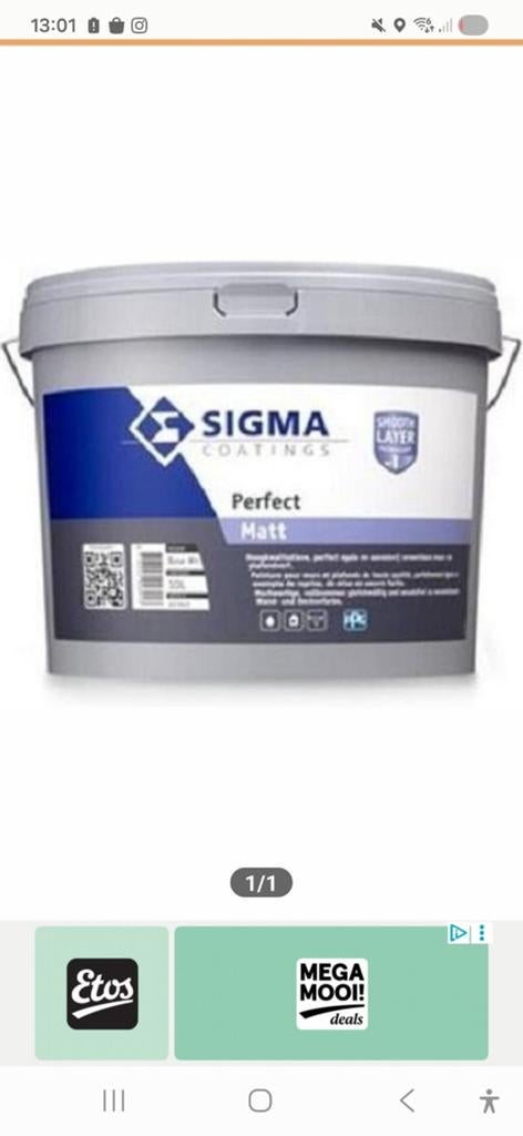 Sigma perfect matt 2,5 liter afwasbare verf, Doe-het-zelf en Verbouw, Ophalen, Overige kleuren, Nieuw, Verf