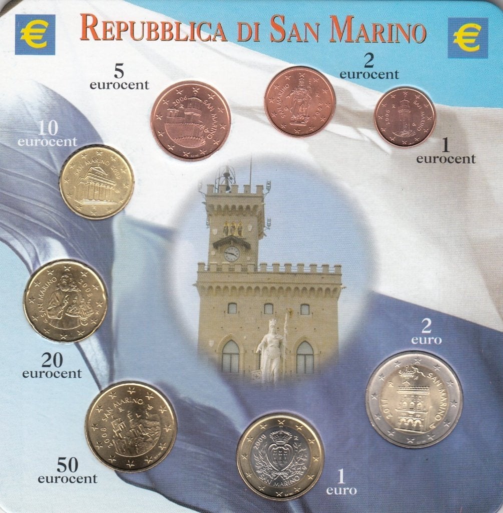 San Marino complete serie (8 munten) UNC in blister, Ophalen of Verzenden, San Marino, Overige waardes, Setje