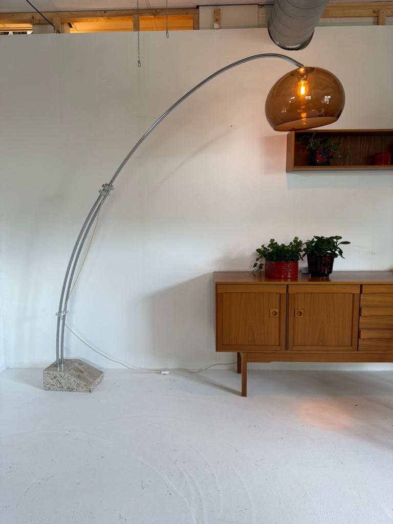 Vintage XXL verstelbare booglamp, Italië ‘70, Glas, Gebruikt, Vintage retro buisframe design rotan webbing papercord deens, 200 cm of meer