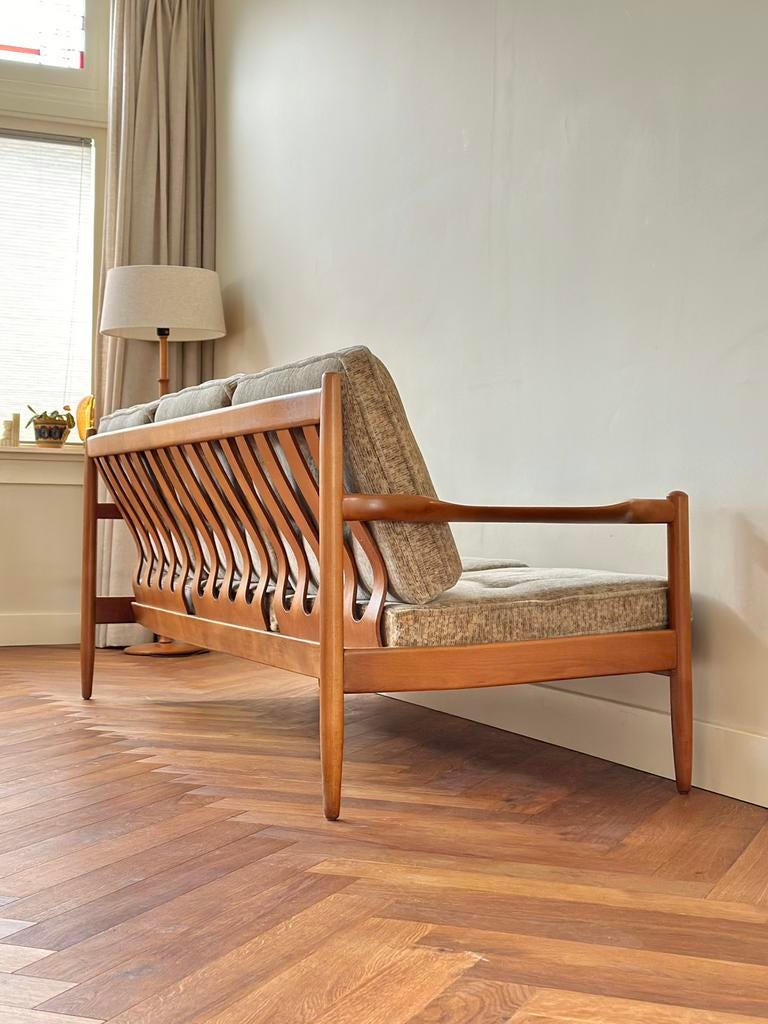 Vintage bank 3-zitter Deens design hout stof jaren 50/60/70, Ophalen, Gebruikt, 150 tot 200 cm, Vintage