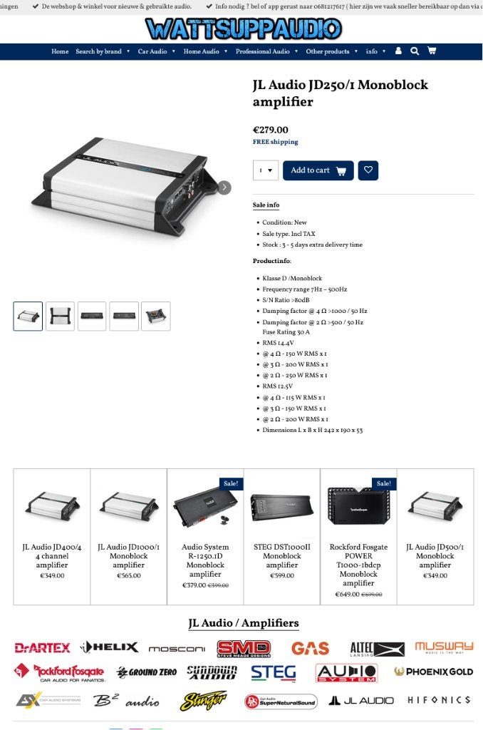 JL Audio JD250/1 Monoblok versterker, Hifi-Focus, Aalsmeerderweg 173 1432 CL, Aalsmeer, Nieuw, Ophalen of Verzenden