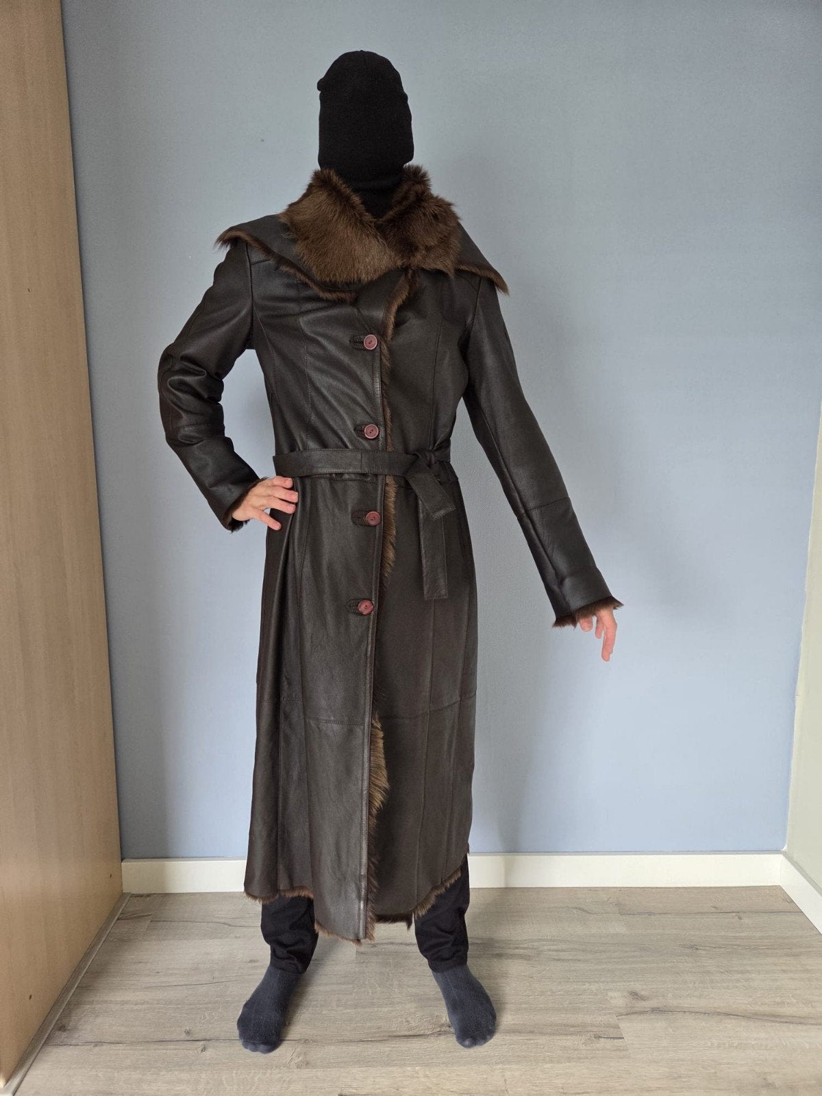 Arma Lammy Coat - Lange Leren Jas met Bont, Bruin, Arma, Maat 42/44 (L), Ophalen of Verzenden