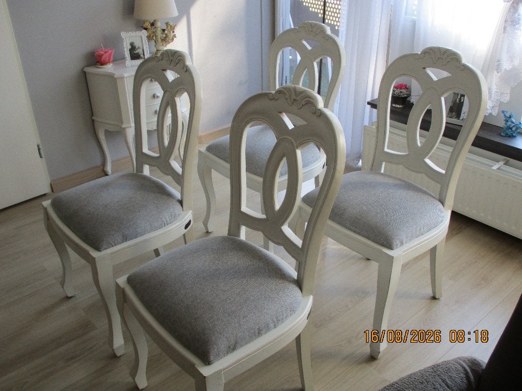 Set van 4 elegante eetkamerstoelen, wit met grijze zitting, Ophalen, Gebruikt, Wit, Vier
