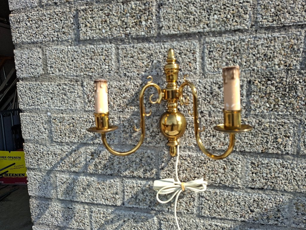 antieke messing wandlamp gebogen armen vlaamse stijl uit de, Ophalen of Verzenden