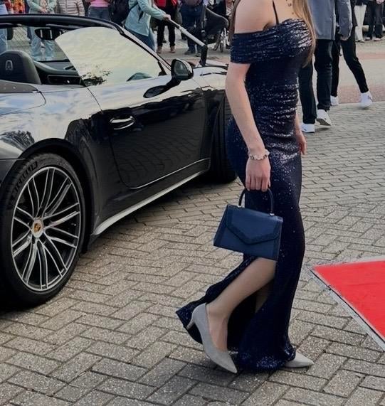 Elegante marineblauwe gala/ avondjurk Eva & Lola xs, Blauw, Ophalen of Verzenden, Zo goed als nieuw, Maat 34 (XS) of kleiner
