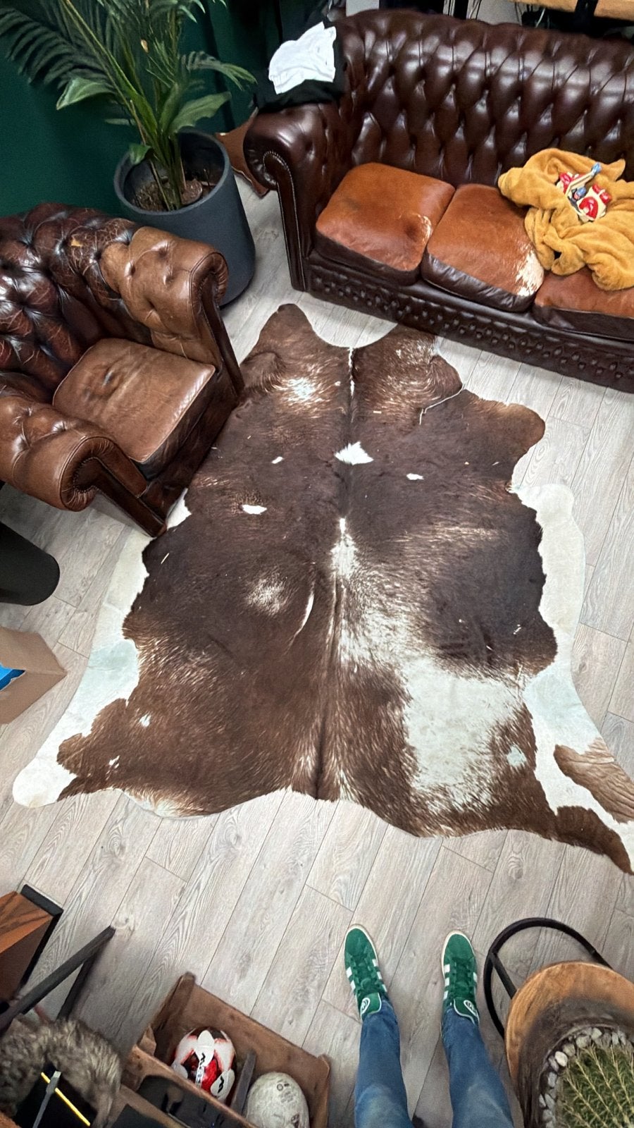 Prachtig bruin-wit koeienvel, ongeveer 2x2m, Huis en Inrichting, Ophalen, Gebruikt, Bruin, 200 cm of meer