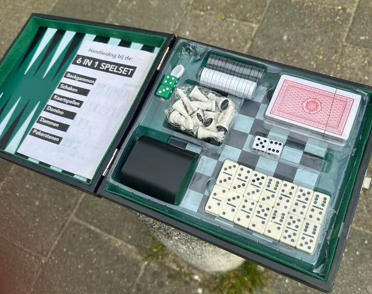 6-in-1 Spelset: Backgammon, Schaken, Dammen, Domino, Kaartsp, Een of twee spelers, Ophalen of Verzenden, Zo goed als nieuw