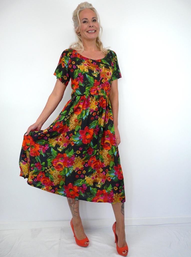 *Abfab Vintage Gebloemde Viscose Jurk met Zakken M*, Ophalen of Verzenden, Zo goed als nieuw, Maat 38/40 (M), Onder de knie