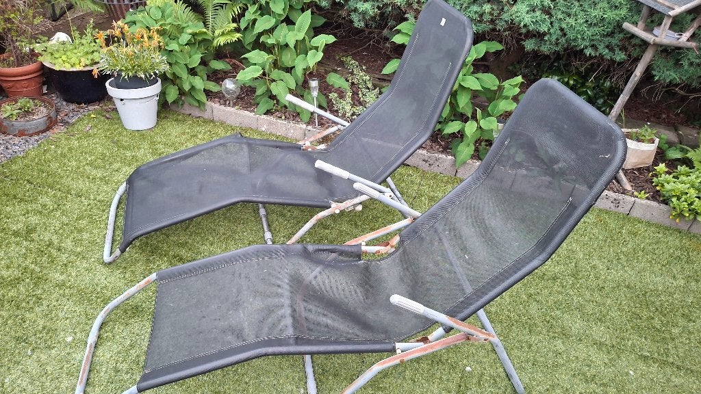 2 ligstoelen zwart, Tuin en Terras, Tuinstoelen, Ophalen, Gebruikt, Aluminium, Inklapbaar