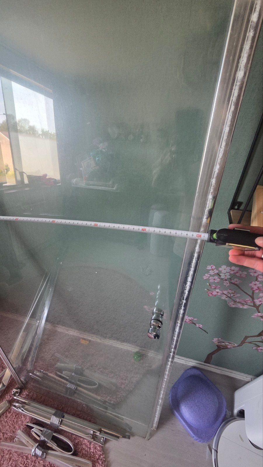 Douchecabine glas: 1 deur en 1 wand (excl. rest), Huis en Inrichting, Ophalen, Gebruikt, Met douche