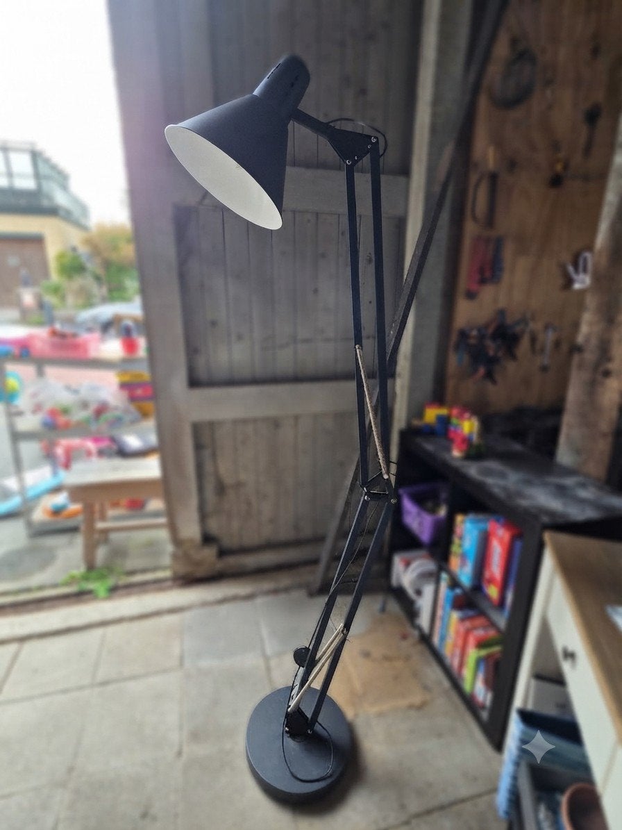 Grote zwarte vloerlamp met verstelbare arm, Ophalen, Gebruikt, Industrieel, Modern, E27 (groot)
