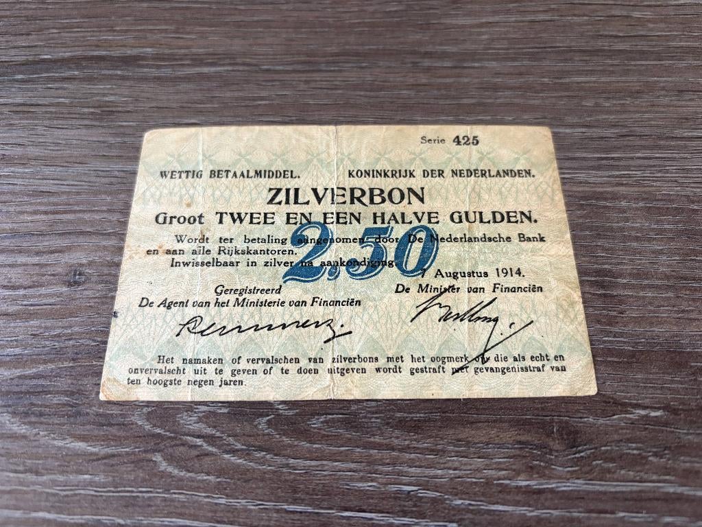 Zeldzaam biljet 2,5 gulden zilverbon, 1914, Postzegels en Munten, Bankbiljetten | Nederland, Ophalen of Verzenden, 1 gulden