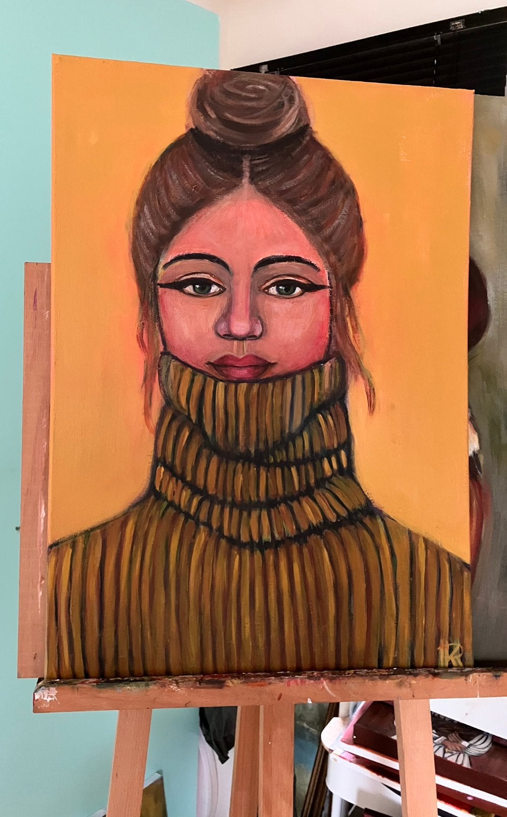 Schilderij dame met coltrui, Acrylverf, Ophalen of Verzenden, Gesigneerd, Portret