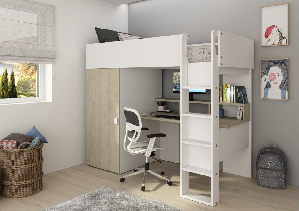 Flow hoogslaper met bureau en kast - 90x200 - Eiken/wit, Niet ingevuld, Niet ingevuld, Niet ingevuld