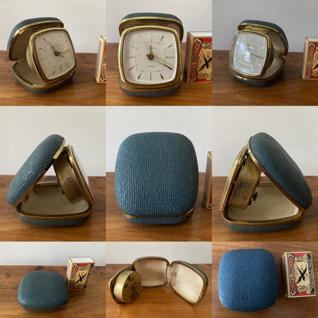 Vintage opwind wekkertje in hardcase inklapbaar etuitje, Gebruikt, Zichtbaar uurwerk, Vintage, Analoog