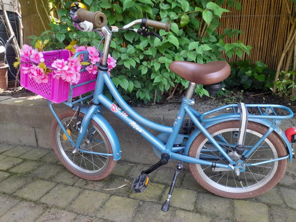 Vrolijke Alpina kinderfiets 16 inch (incl. mandje + bloemen), Terugtraprem, Gebruikt, Alpina, Ophalen of Verzenden