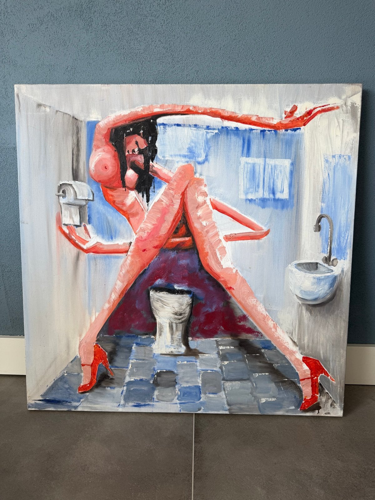 Modern schilderij: Vrouw op toilet, 80x80 cm, Paul Berbée, Antiek en Kunst, Kunst | Schilderijen | Modern, Ophalen, Figuren, Olieverf