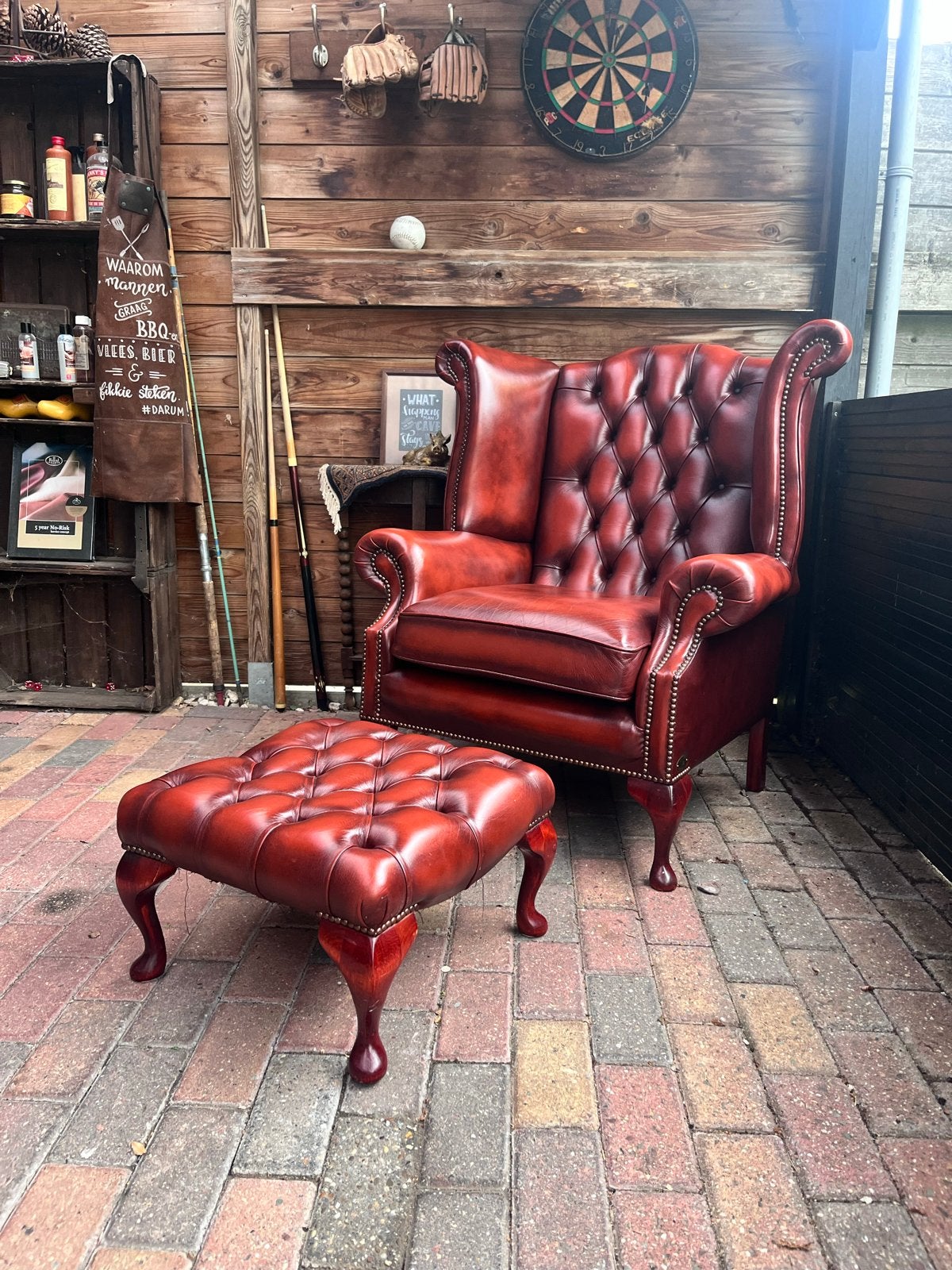 Lederen Chesterfield Fauteuil met Voetenbank - Zo goed als n, Huis en Inrichting, Fauteuils, Ophalen of Verzenden, Zo goed als nieuw